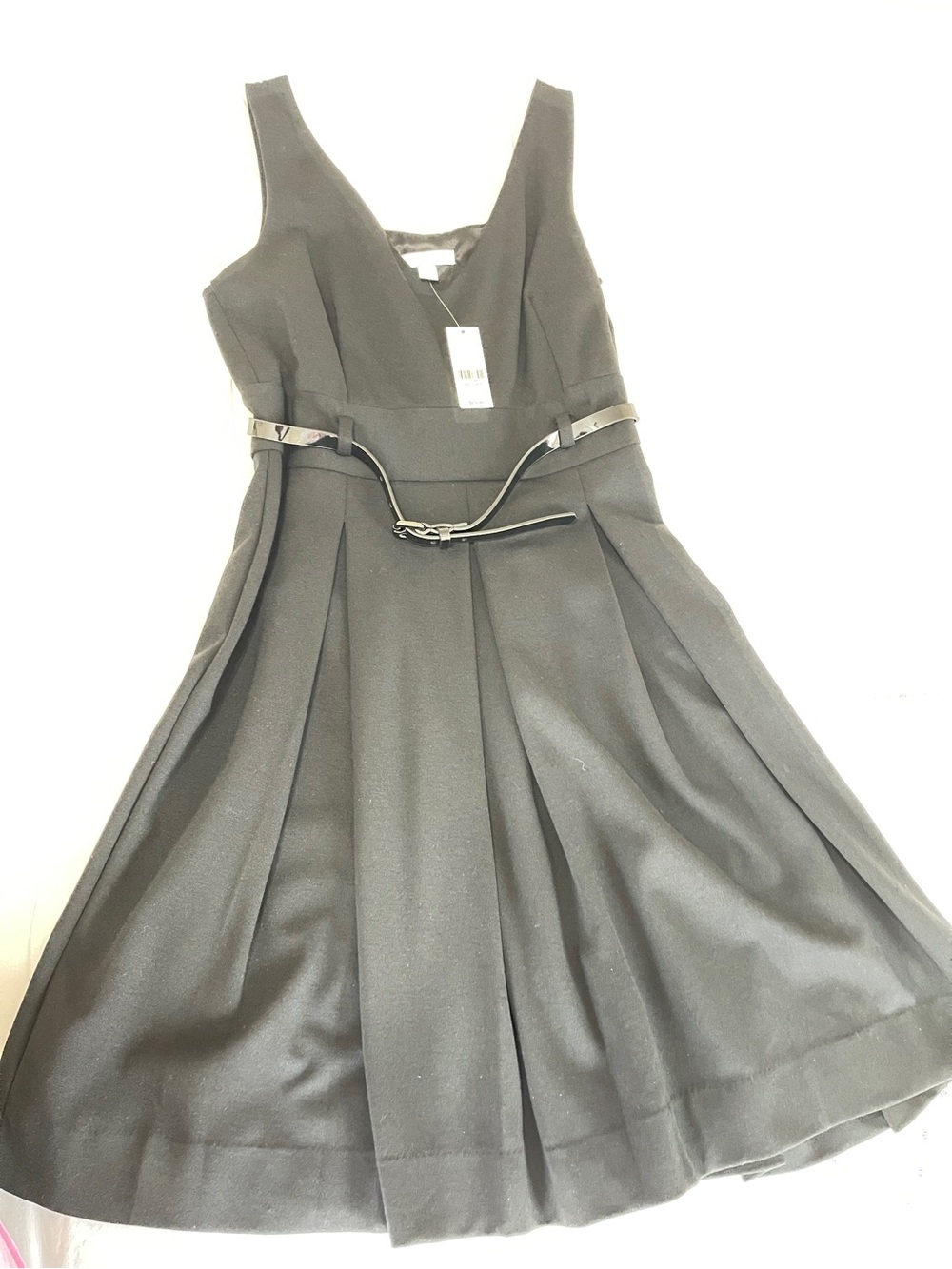 New York & Company Black Sleeveless Midi Dress with Decorative Belt